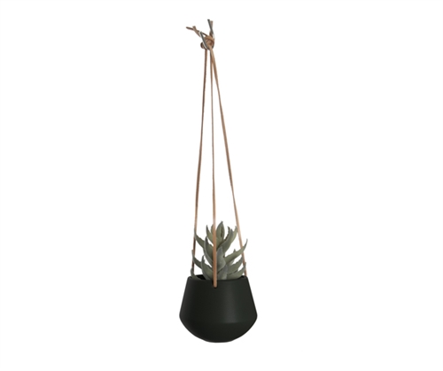 Present Time Ceramic Hanging Plant Pot with Leather Cord