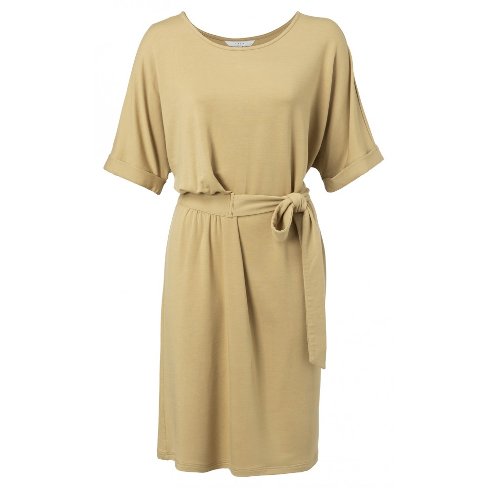 Yaya Dusty Oker Jersey Pleated Midi Dress with Folded Cuffs