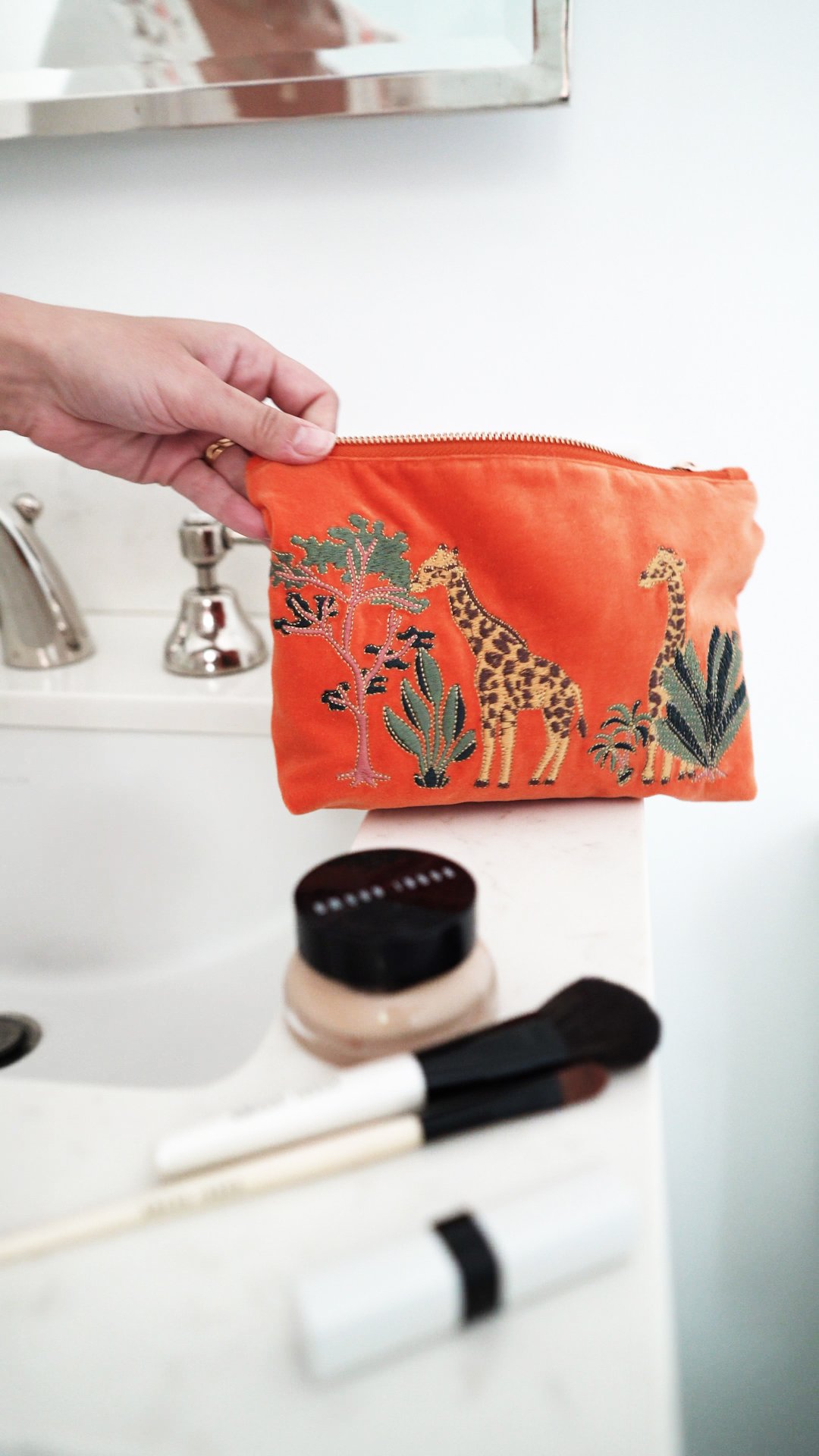 Trouva Giraffe Orange Velvet Makeup Bag