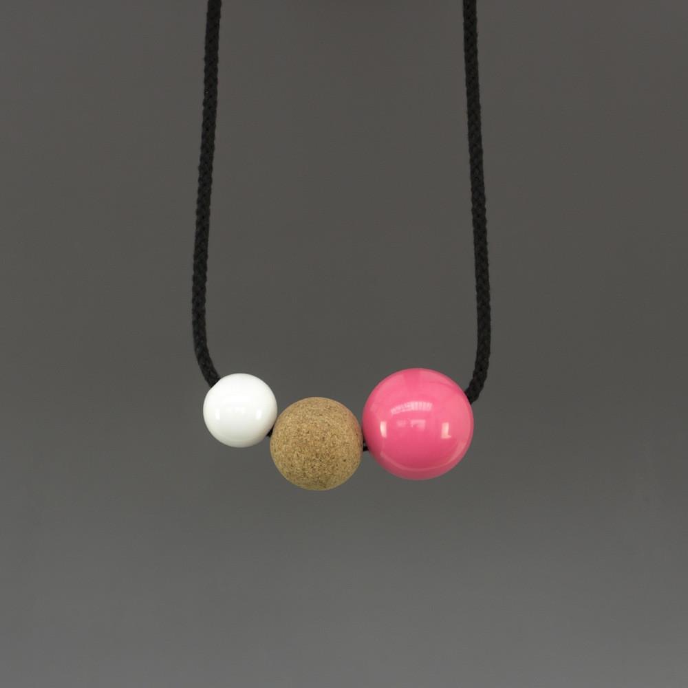 One We Made Earlier Anni Necklace with White Resin Ball, Cork Ball and Pink Resin Ball