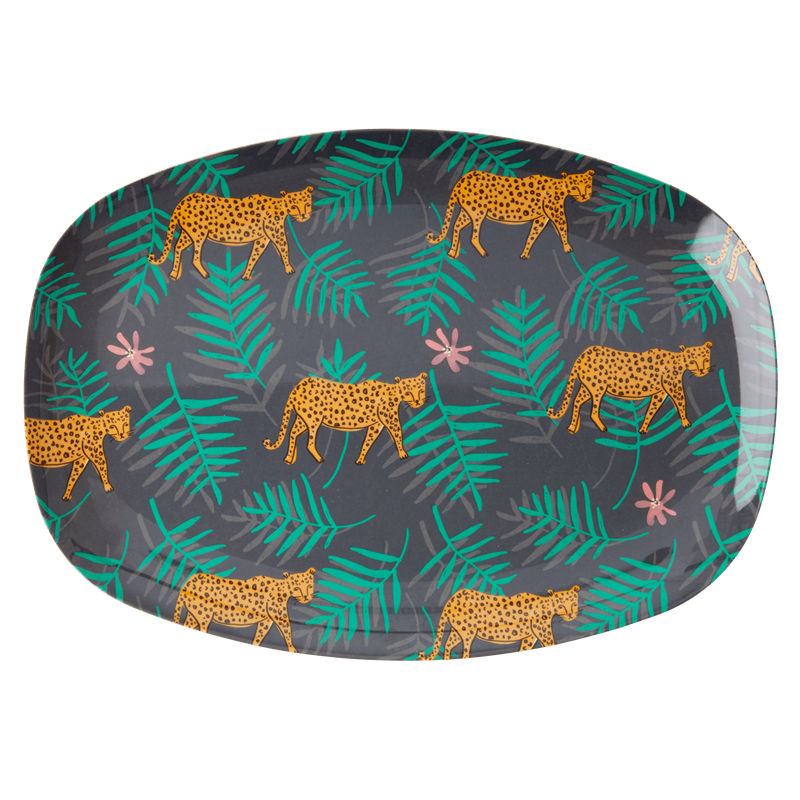 rice Melamine Leopard and Leaves Print Rectangular Plate Set of 2