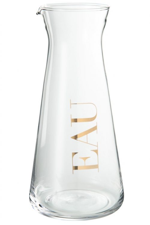 J-Line Clear Glass Jug with Text Eau in Gold
