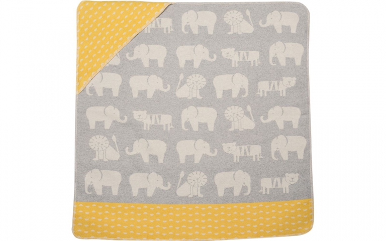 David Fussenegger Grey and Yellow Elephant Juwel Baby Hood Blanket