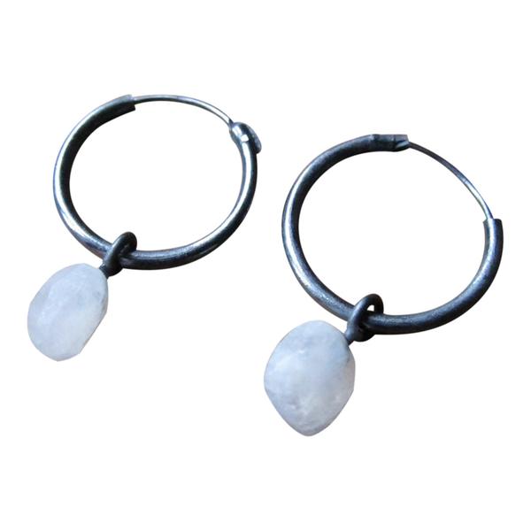 Window Dressing The Soul 925 Silver Small Rainbow Moonstone Hoop Earrings Oxidised