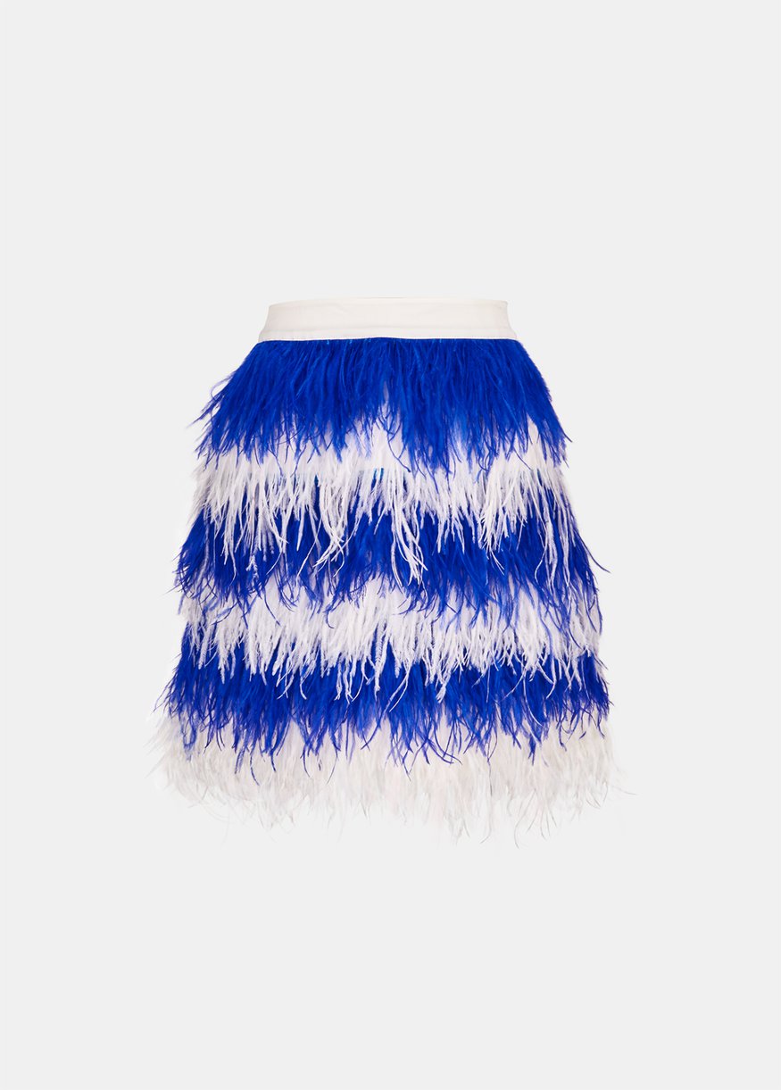 Essentiel Blue and White Feather Embellished Mini Skirt