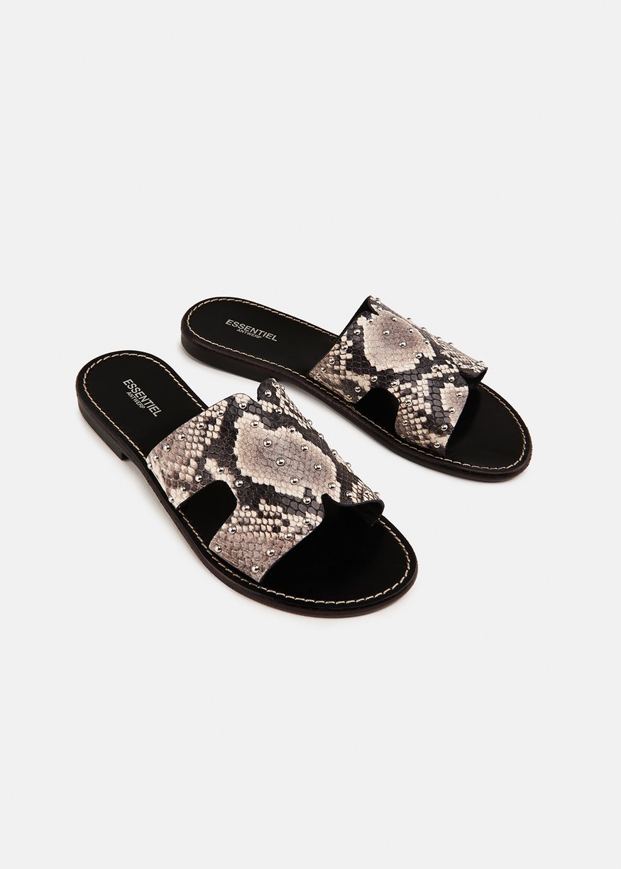 Essentiel Black Leather Snake Print Sandals