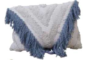 Dröm Collection Rectangular cushion 60x40cm in beige cotton with light blue decorative fringes 