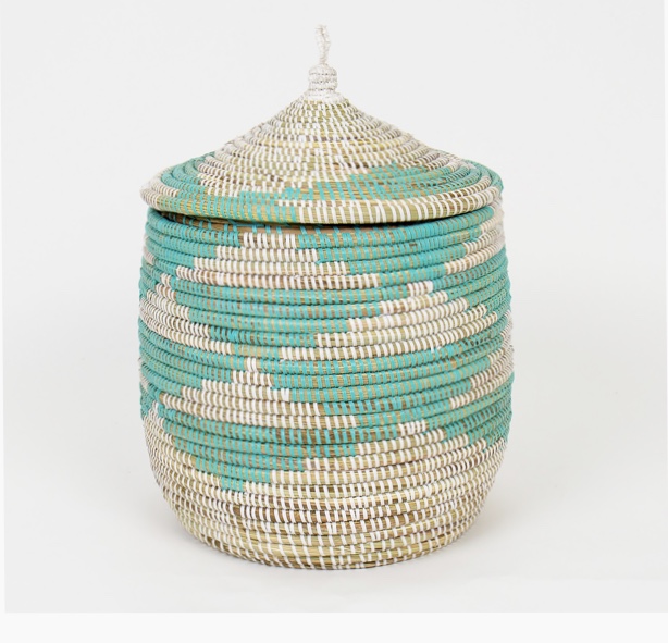 Afroart  Turquoise and White Storage Basket with Lid