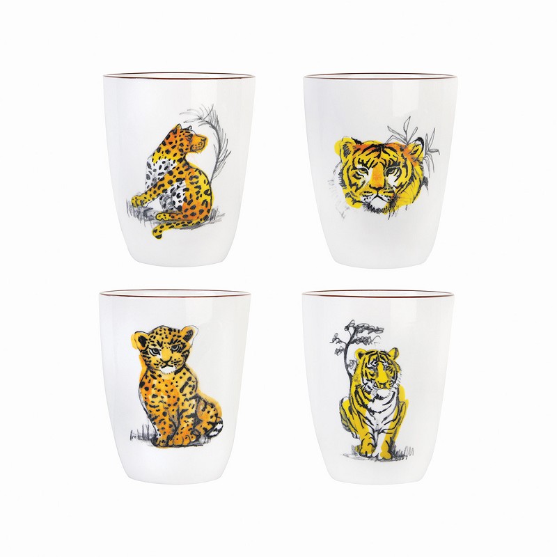 &klevering Set of 4 White Feline Print Anouk Mugs