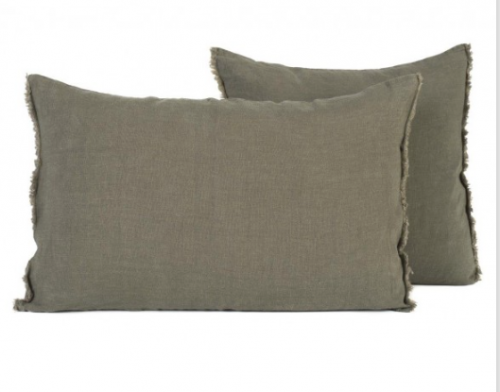 Harmony Textiles Cushion Cover 45x45cm in Khaki Green Linen with Fringes at The Ends