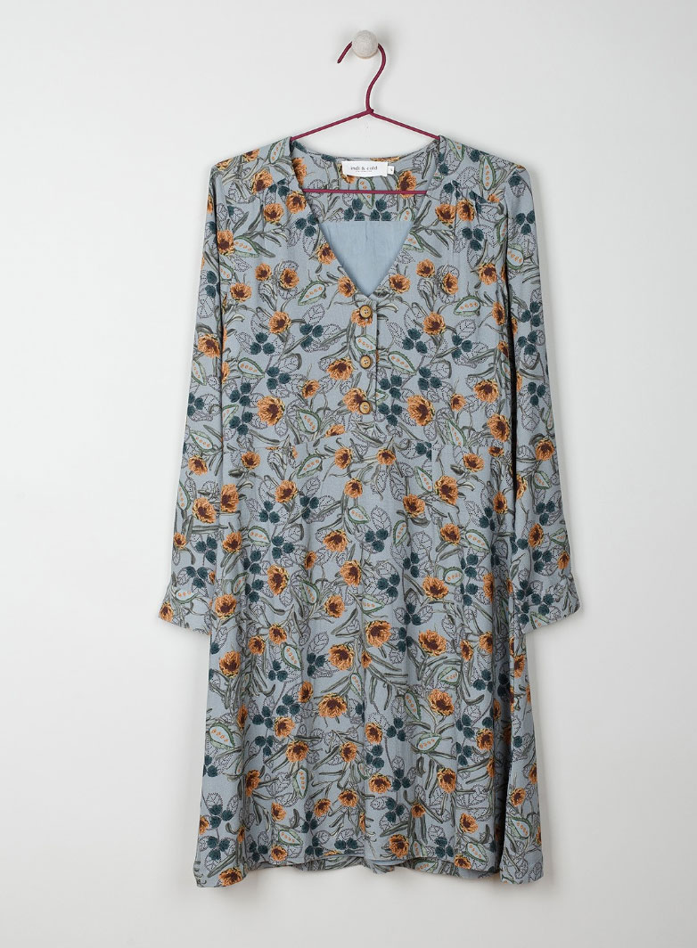 Indi & Cold Duck Egg Floral V Neck Dress