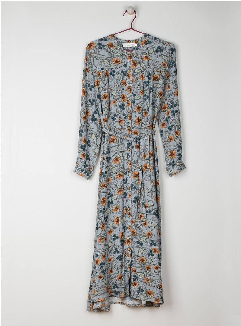 Indi & Cold Vintage Blue Midi Floral Dress with Belt