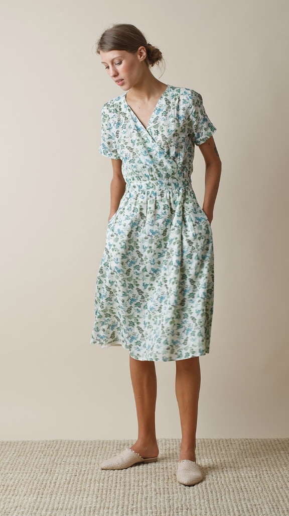 Indi & Cold Basil Floral Wrap V Neck Dress