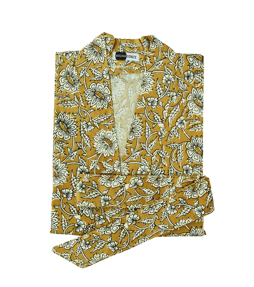 Madam Stoltz Ocher Yellow Cotton Amber Printed Kimono