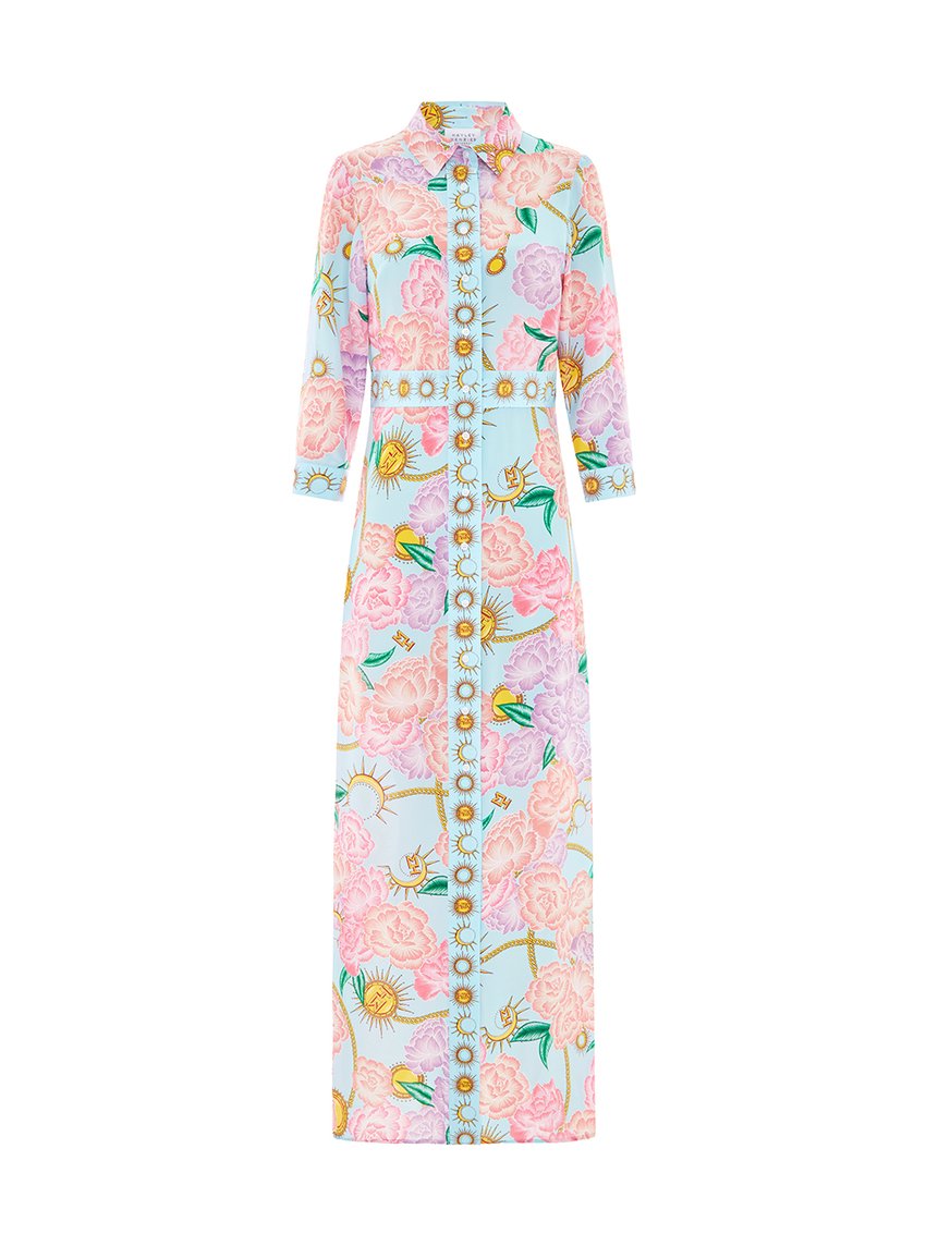 Hayley Menzies Blue Pink Luna Flora Print Long Shirt Dress