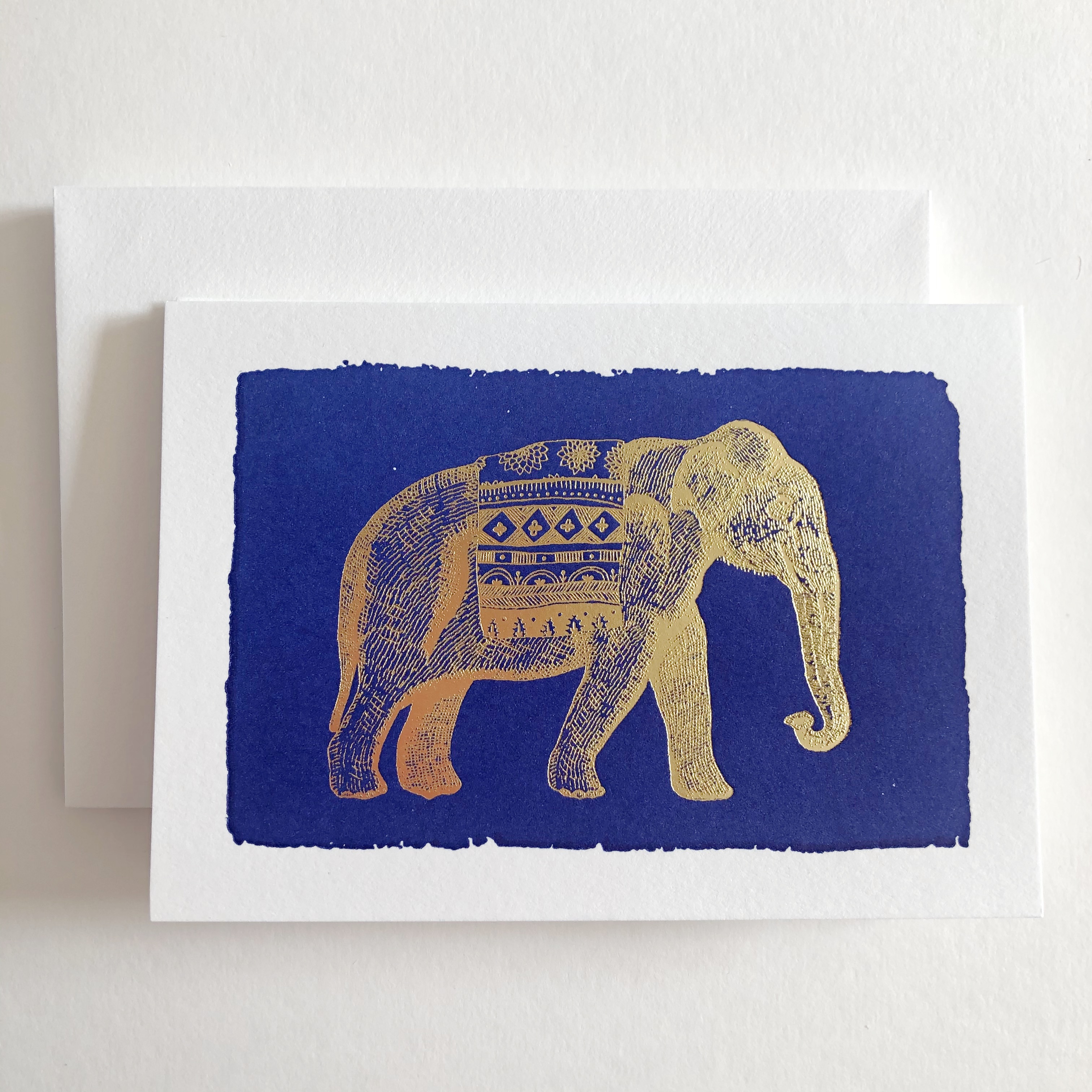 Archivist Set of 5 Gold Elephant on Blue Letterpress Notecards