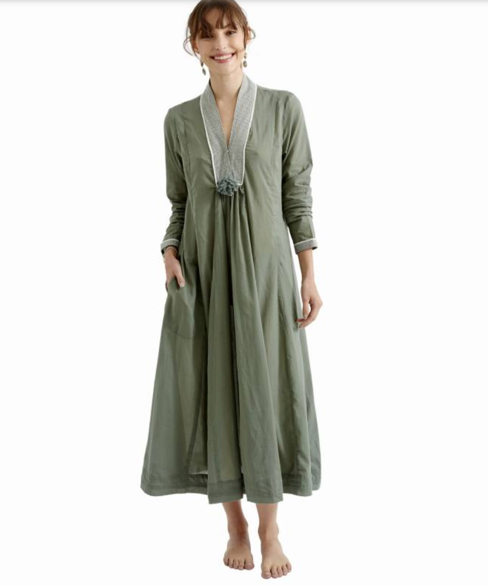 Zen Ethic Top Stitched Pom Pom Cotton Dress Country Green