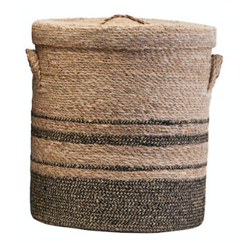 House Doctor Basket with Lid and Jute Handles in Natural Colour and Decorative Stripes in Grey d40xh50cm