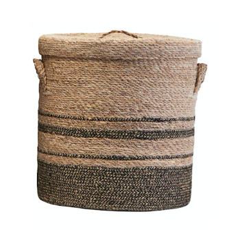 House Doctor Basket with Lid and Jute Handles in Natural Colour and Decorative Stripes in Grey d35xh40cm