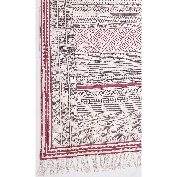 The Painted Bird Red & Grey Hand Block Printed Rug With White Tassels