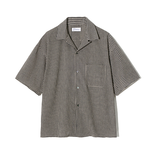 Partimento Seersucker Gingham Check Open Collar Shirt in Black