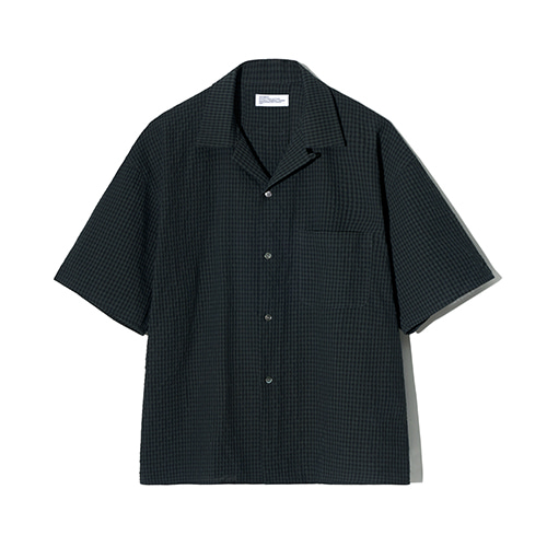 Partimento Seersucker Gingham Check Open Collar Shirt in Dark Green