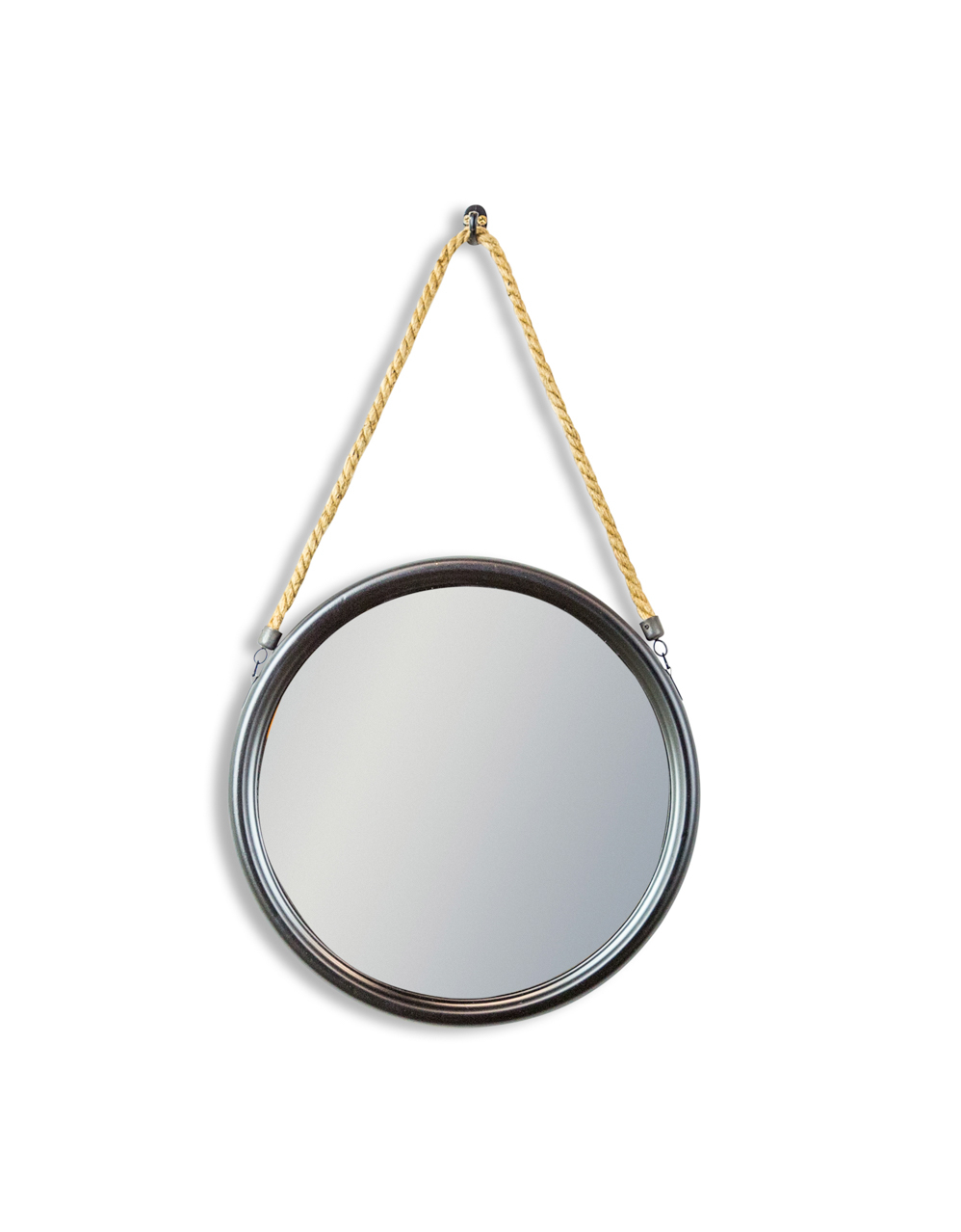 &Quirky Small Round Black Metal Mirror On Rope