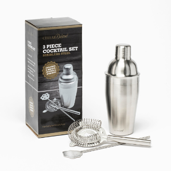 CellarDine 3 Piece Cocktail Set with Shaker, Stirrer and Strainer