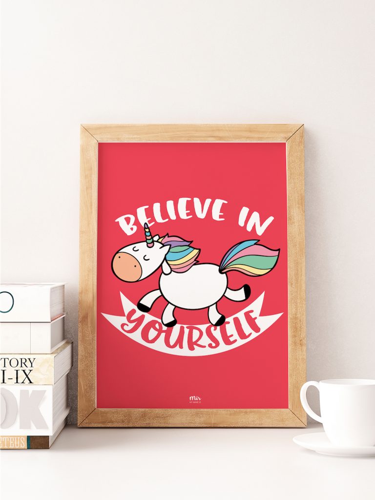 my-name-is-mir-believe-in-yourself-unicorn-red-rainbow-kids-room-wall-print-a3