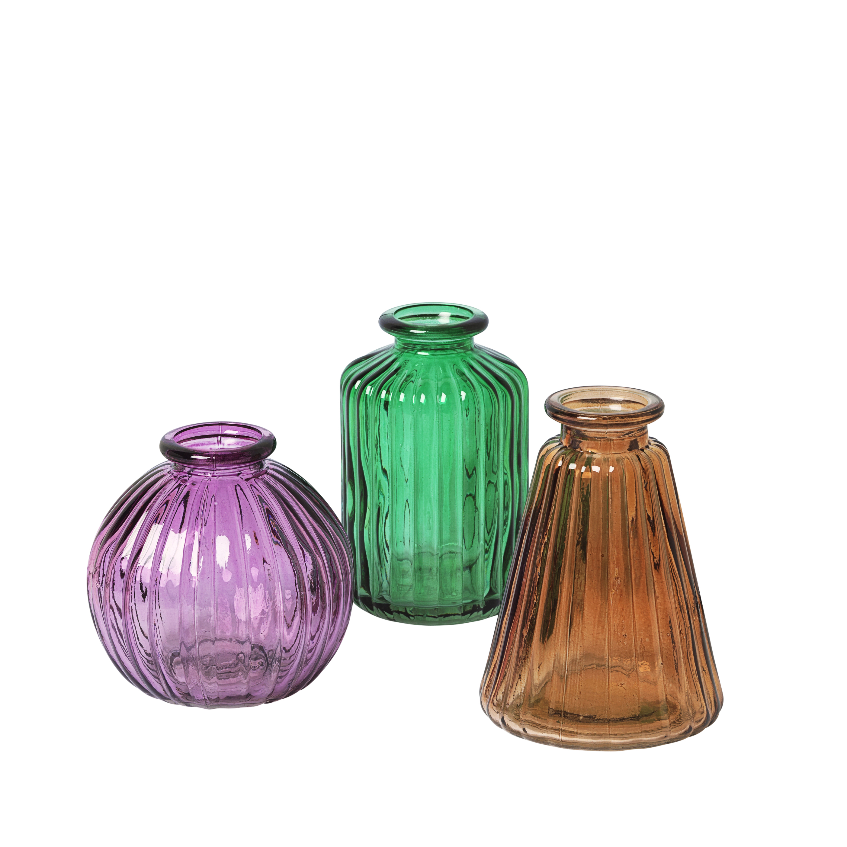 Broste Copenhagen Set of 3 'Agnar' Glass Vases Amethyst, Emerald and Topaz