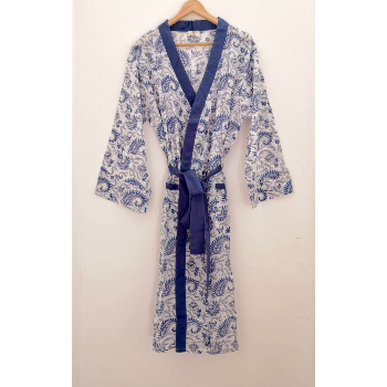 Bunti Blue & White Block Printed Kimono Robe