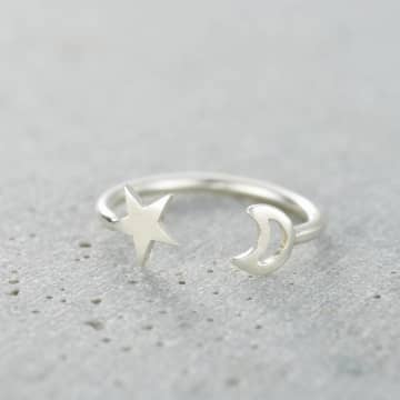 Posh Totty Designs Moon & Star Sterling Silver Open Ring In Metallic