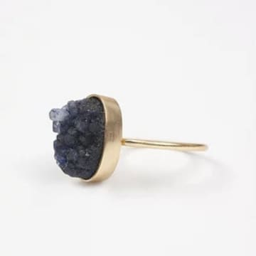 Pale & Interesting Iolite Oval Druzy Ring In Black