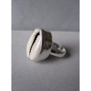 Collardmanson Silver Natural Cowrie Shell Ring Deep Set In Metallic