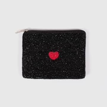 Artebene Heart Motive Coin Pouch Pearl Clutch Glass Beads In Black