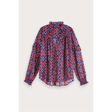 Maison Scotch Red And Blue Sheer Print Top With Ruffle In Multi