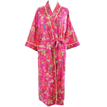 Powell Craft Ladies Hot Pink Birds Of Paradise Print Cotton Dressing Gown