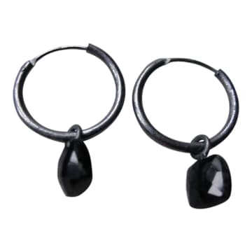 Window Dressing The Soul 925 Silver Small Black Onyx Hoop Earrings Oxidised In Metallic