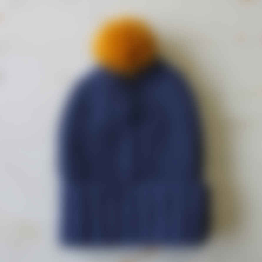 House of disaster Navy Cable Knit Hat with Mustard Pom Pom