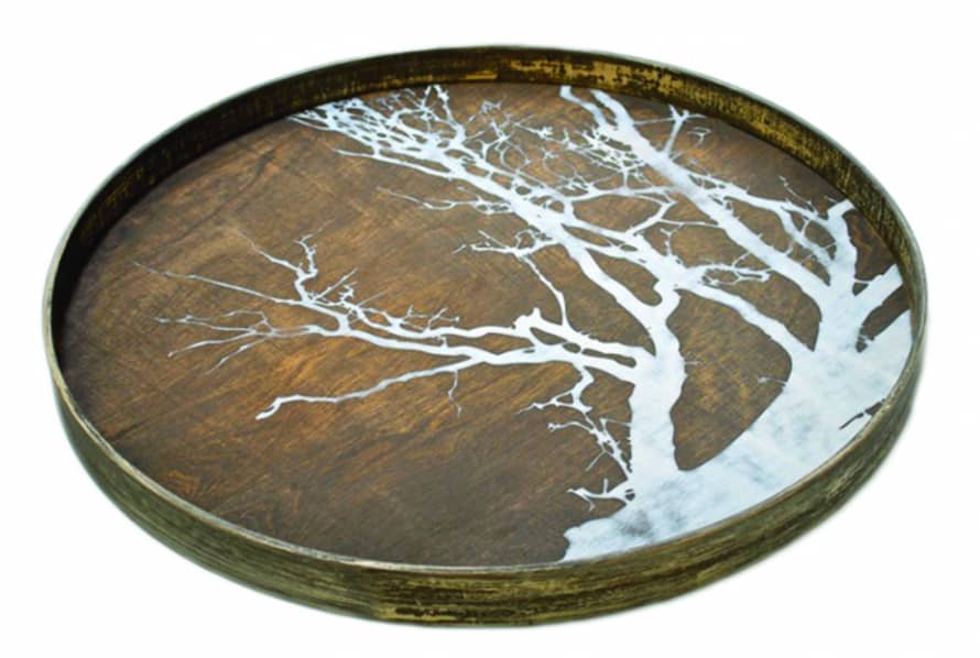 Ethnicraft Round Natural Wood Tray With White Tree Detail 