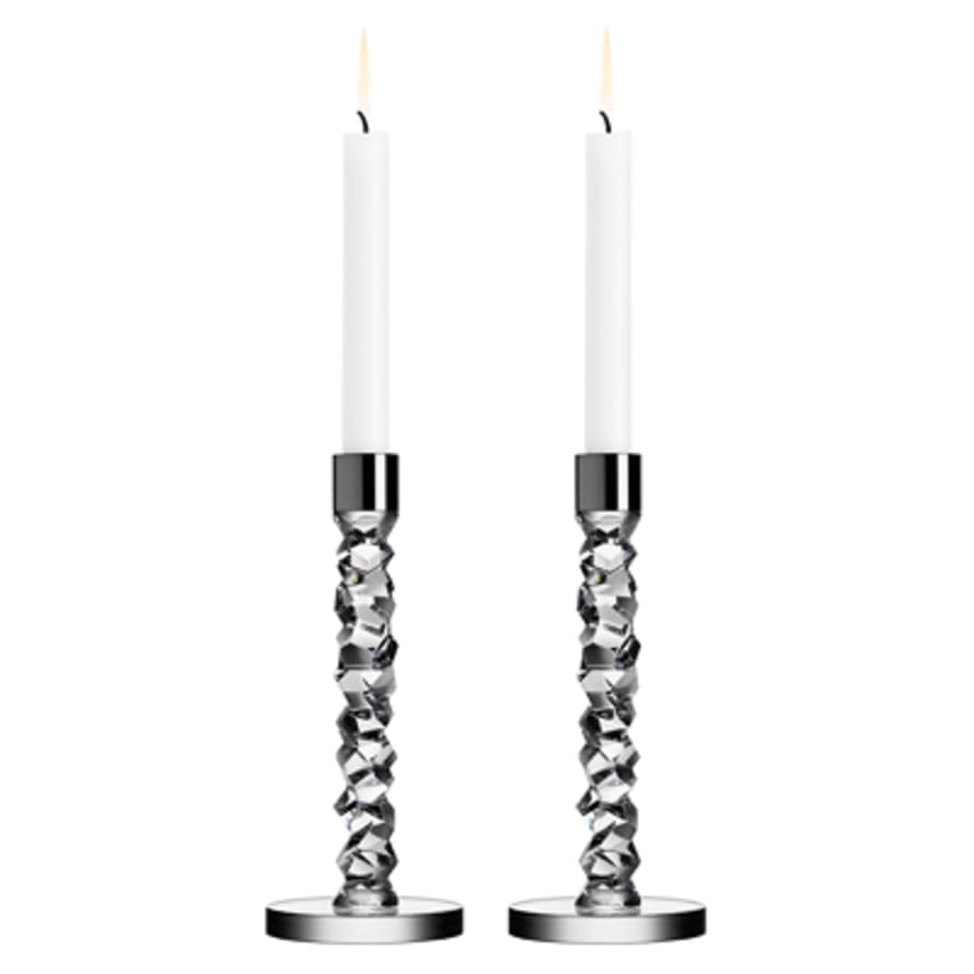 Orrefors  Carat Candlesticks - Pair With Brushed Steel