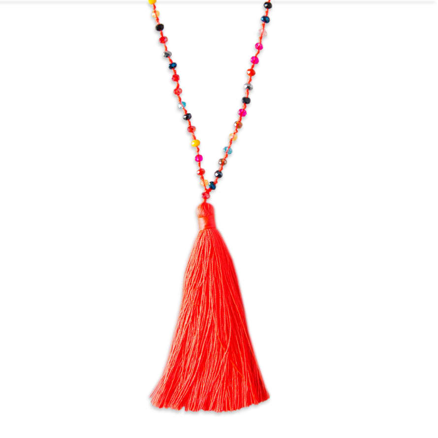 Neon Orange Tassel Necklace with Multicolour Beads