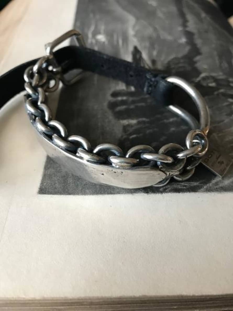 Goti 925 Oxidised Silver And Leather Bracelet 