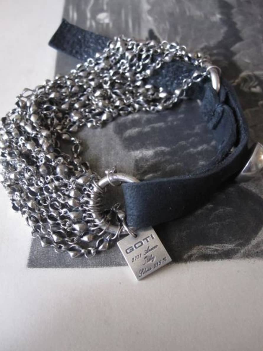 Goti 925 Oxidised Silver Multi Chain And Leather Bracelet