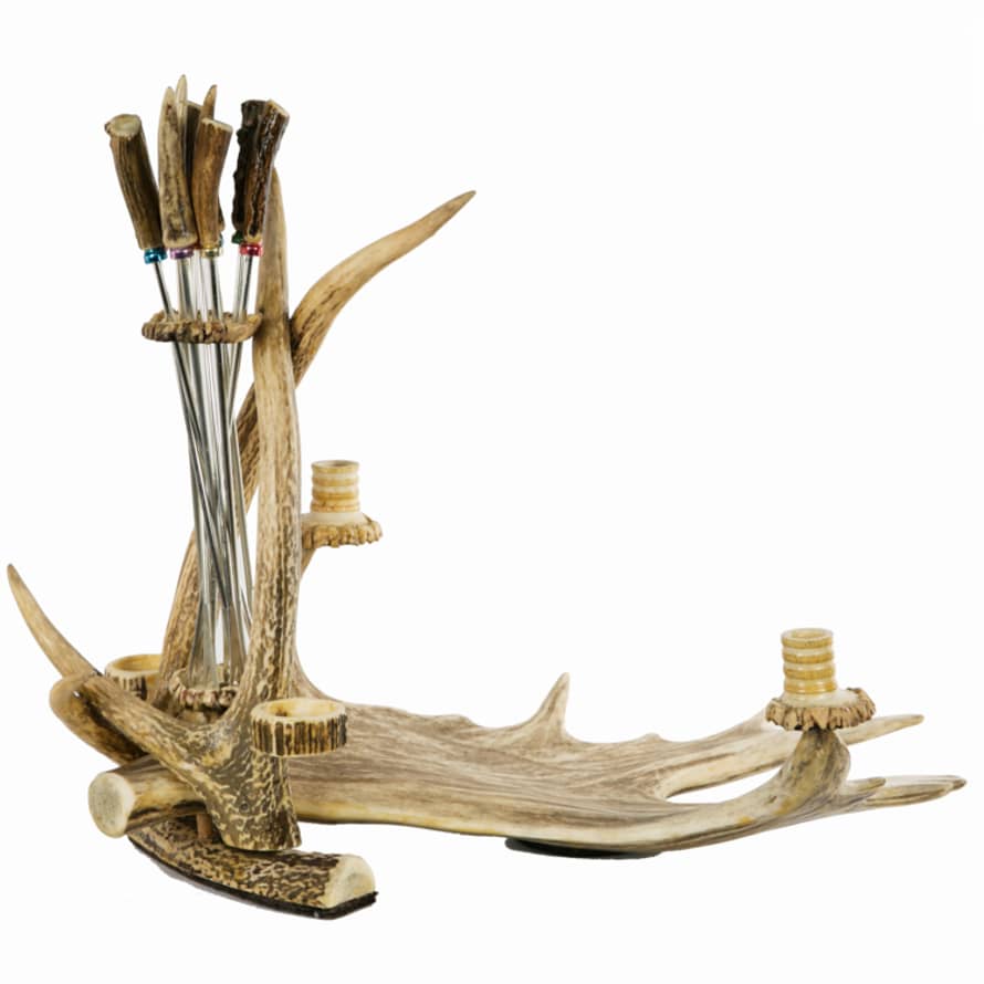 Alpine Lifestyle Boutique Vintage German  Fallow Deer and Red Deer Antler Fondue Set 