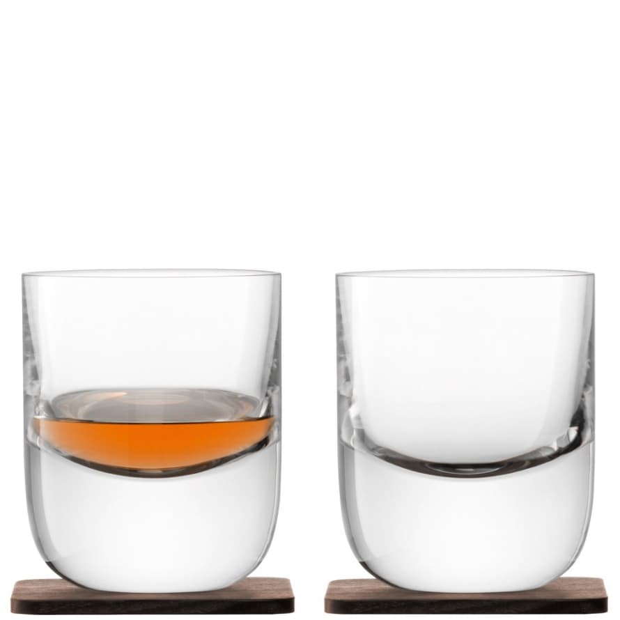 LSA International Set of 2 Whisky Renfrew Tumblers On Walnut Coasters