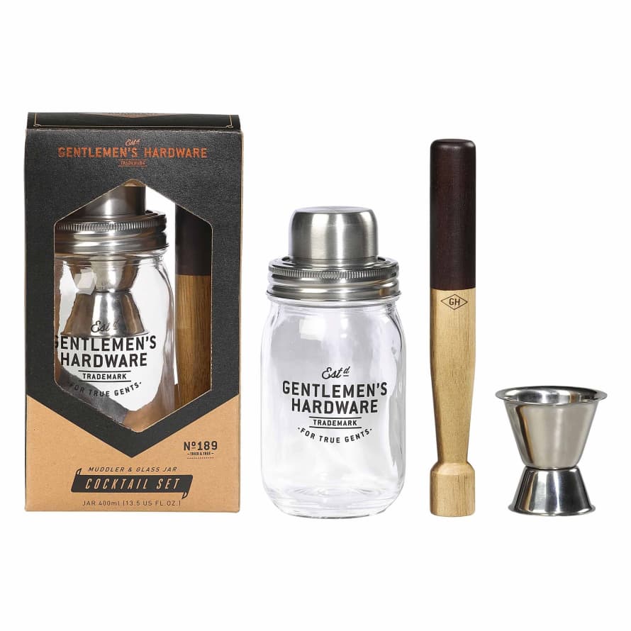 Gentlemen's Hardware Set Cocktail Muddler And Glass Jar 