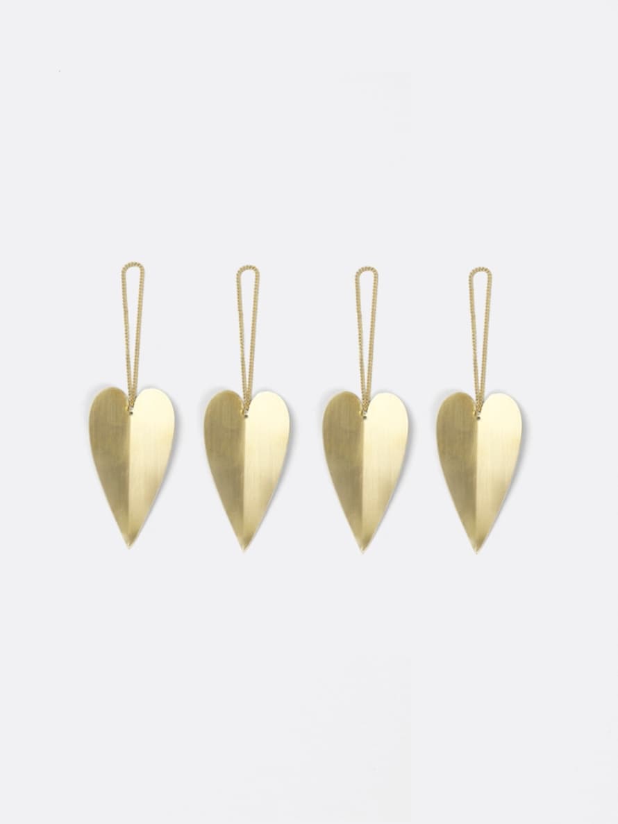 Ferm Living Set Of 4 Heart Brass Ornaments