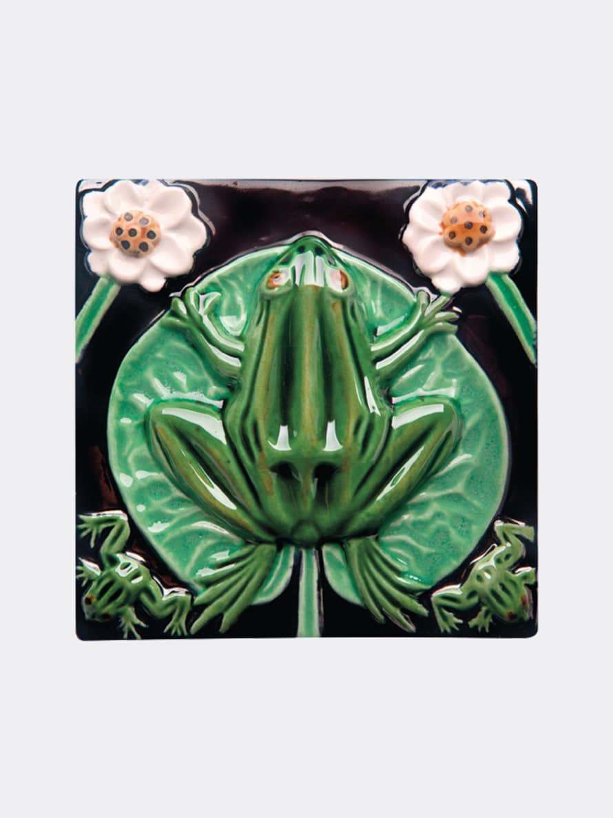 Bordallo Pinheiro Brown and Green Handpainted Portuguese Frog Azulejo Tile