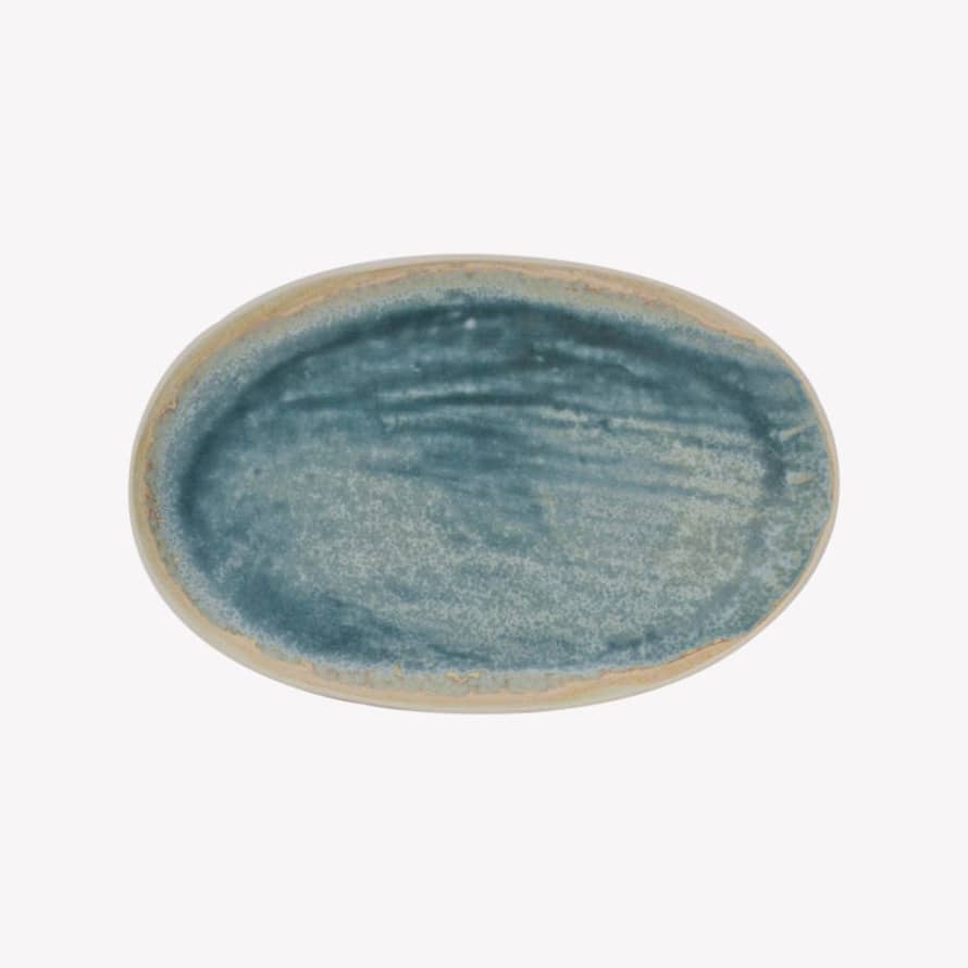 Margot Lhomme Turquoise and Galaxy Glazed Stoneware Edges Oval Shape Flat Plate  